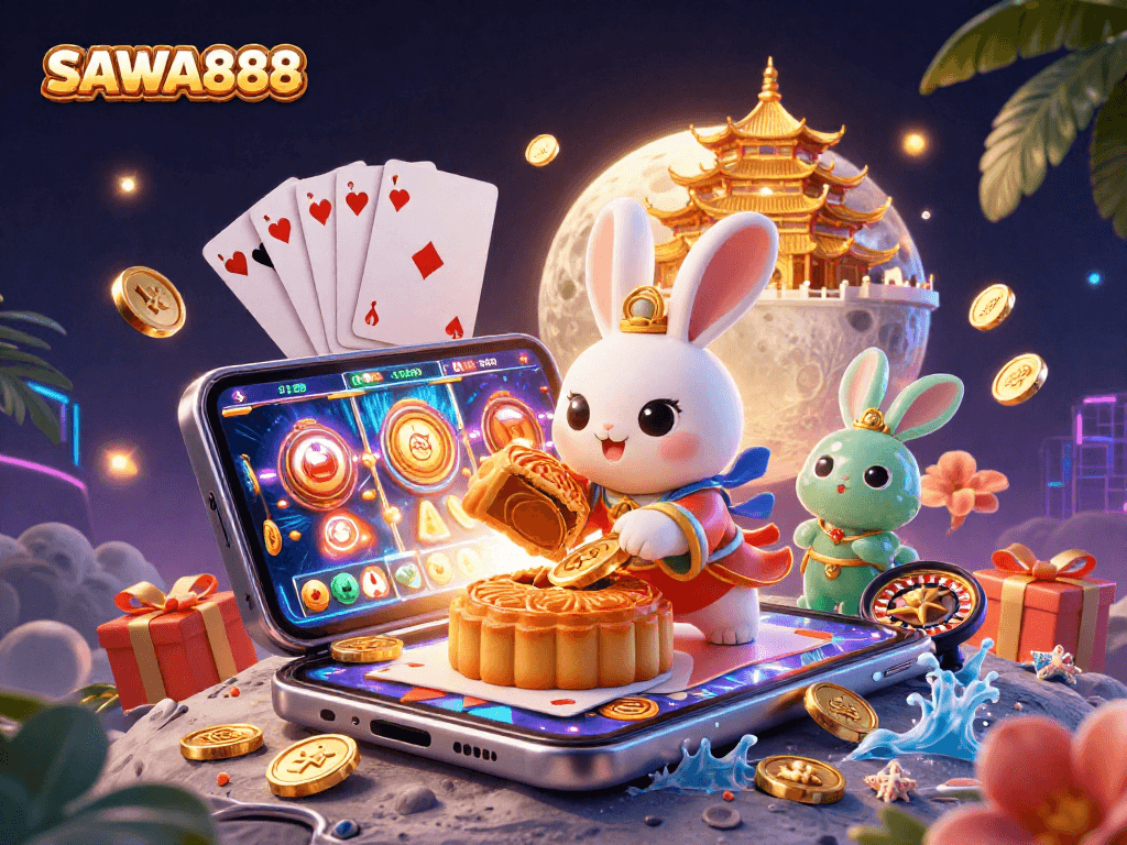 SAWA888 captures the excitement of slot gaming with vibrant visuals and dynamic elements on the moon.