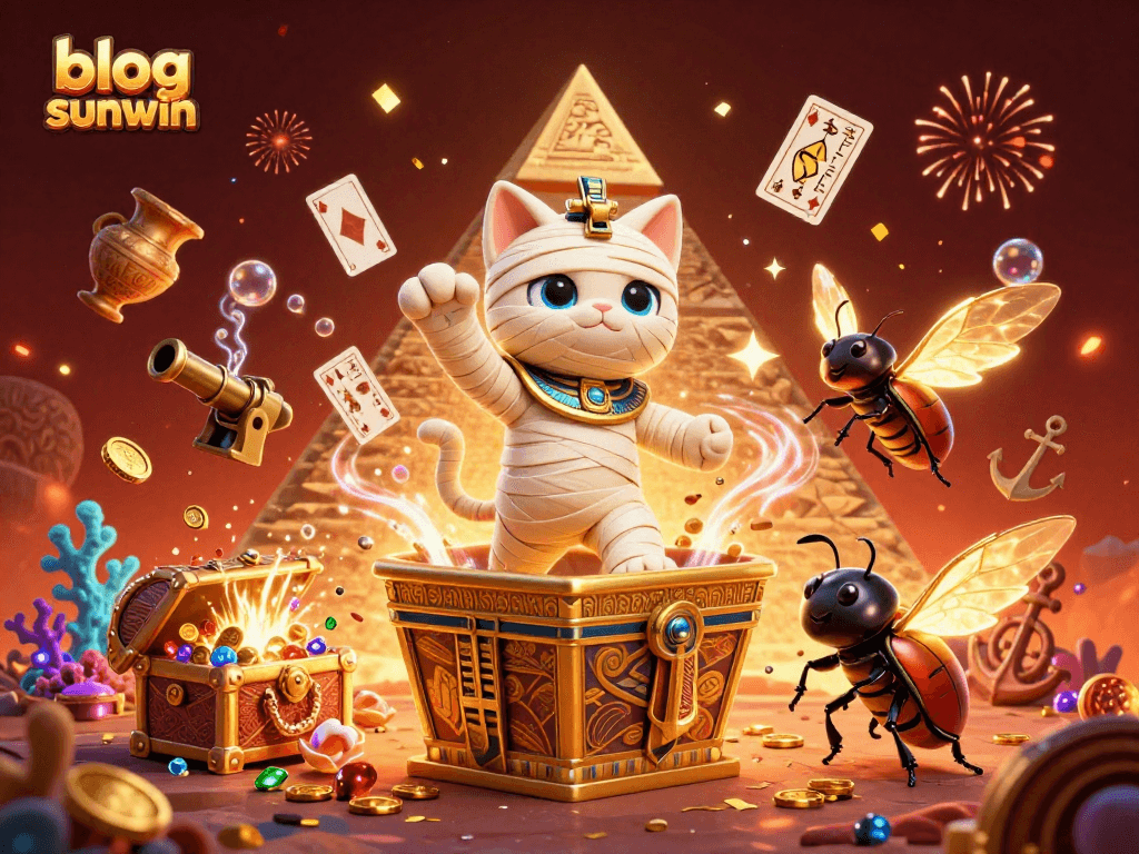 Experience the excitement of blog sunwin with a cartoon mummy cat and glowing scarab in a vibrant casino scene.