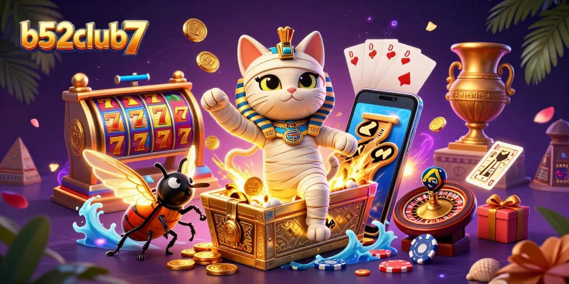 b52club7 features an exciting illustration with a mummy cat and casino elements showcasing thrilling gameplay.