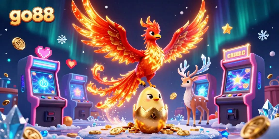 Engage with go88, where a vibrant phoenix soars amid colorful casino elements for an unforgettable experience.