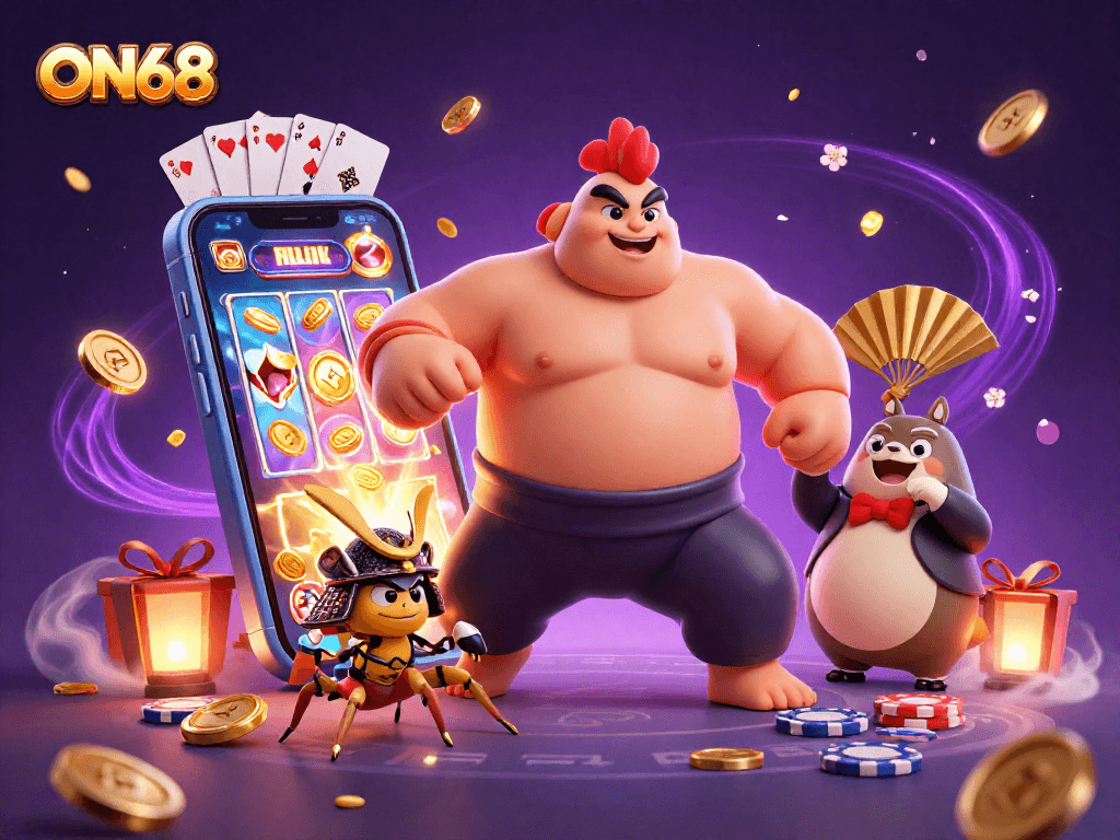 Experience thrilling gaming at ON68 with dynamic illustrations of exciting casino characters and games.
