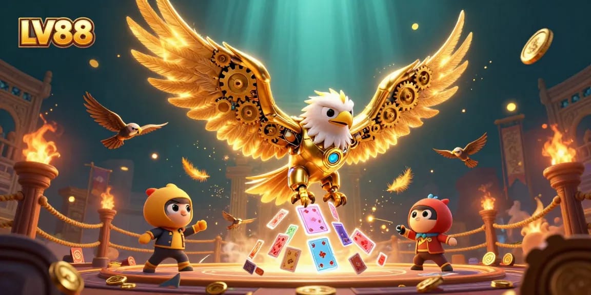 Experience thrilling wins at LV88, where a golden eagle gathers treasures above a vibrant casino scene.
