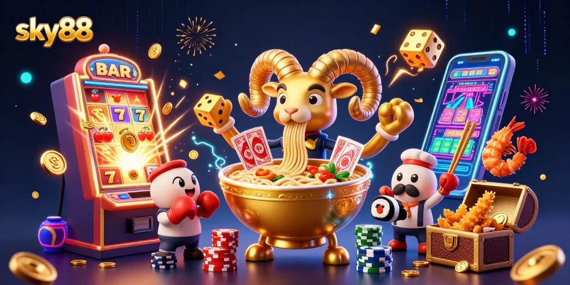 Experience the thrill of sky88 with a vibrant casino scene exploding with game elements and animated characters.