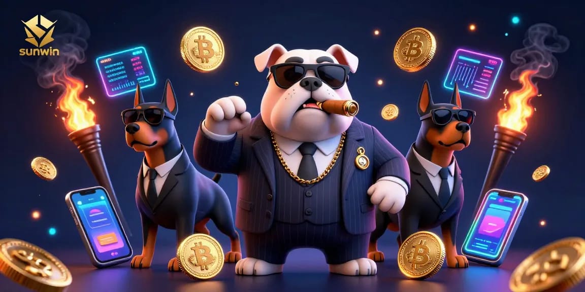 Experience sunwin's thrilling casino atmosphere with a mafia boss and bodyguards amidst vibrant crypto elements.