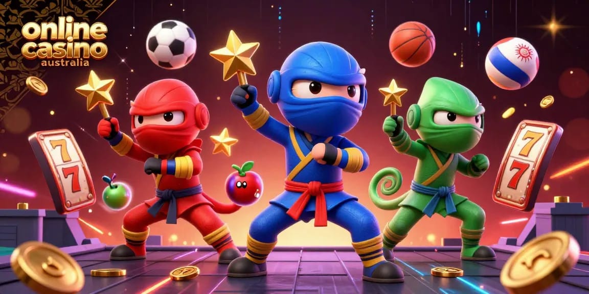 Experience the thrill of online casino Australia with chameleon ninjas and vibrant slot reels.