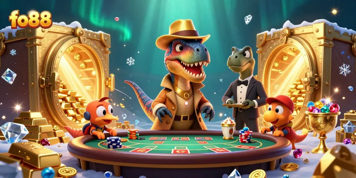fo88 velociraptor card counter at blackjack table amidst gold treasures and exciting game elements