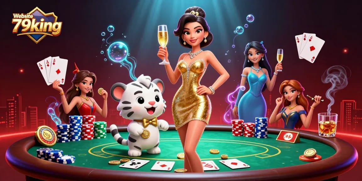 Win big at Website 79king with a glamorous casino scene featuring a woman, cute tiger, and poker elements.