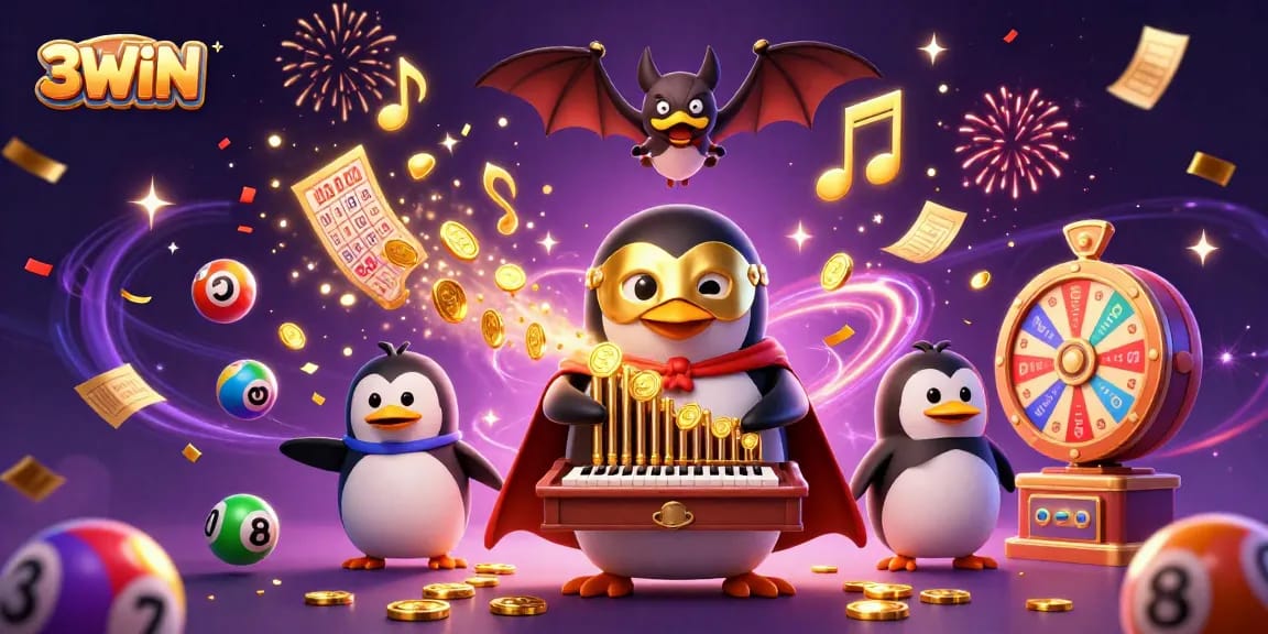 3WIN showcases dynamic casino excitement with a phantom opera penguin playing as coins burst forth.
