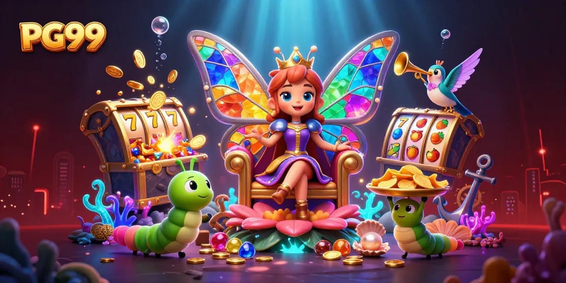 Experience thrilling gameplay at PG99 with a vibrant 3D illustration of a butterfly queen and gaming treasures.