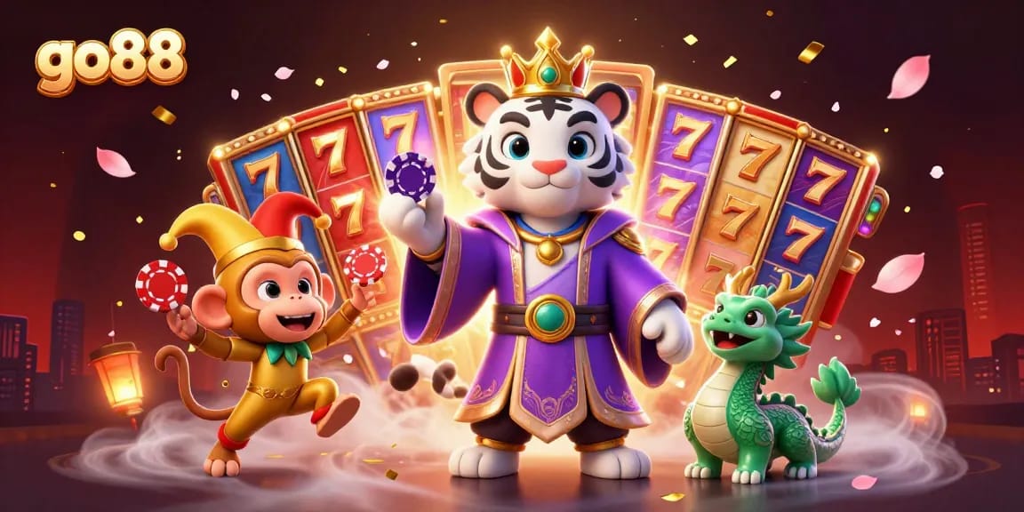 Experience thrilling gaming action with go88 in a vibrant casino scene, featuring a tiger, monkey, and dragon!