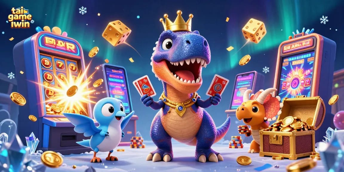 Engage in tai game iwin with a vibrant 3D scene of a dinosaur-themed casino adventure full of jackpots.