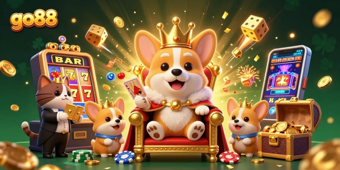 Experience the excitement of go88 with a vibrant 3D illustration showcasing a royal corgi in a casino setting, surrounded by jackpots.