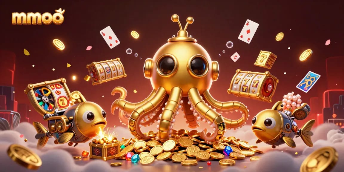 Experience thrilling gameplay at mmoo with a magical kraken amidst golden coins and colorful slot machines.