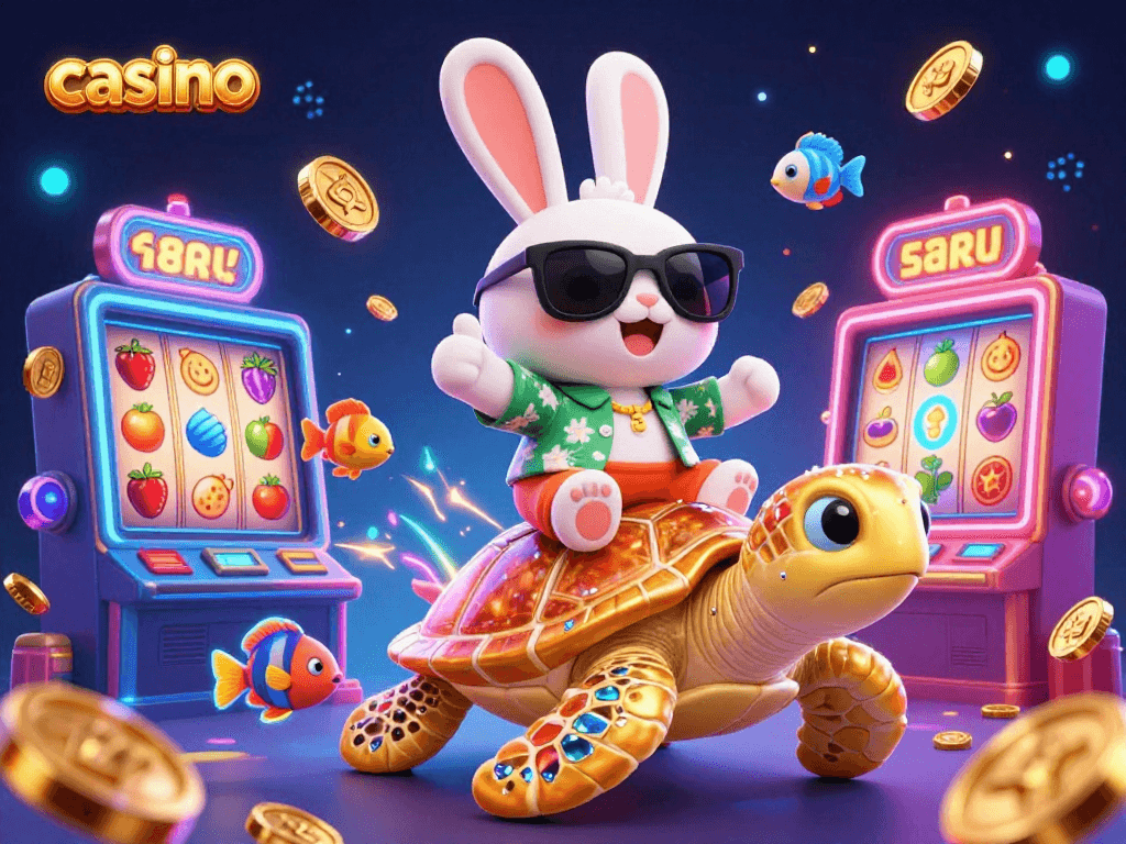 Experience the thrill of the casino with a lucky rabbit and golden turtle in a vibrant slot scene.
