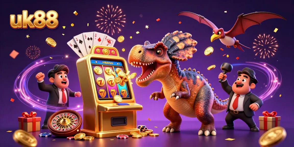 uk88 players enjoy a jackpot experience as a pachycephalosaurus interacts with a golden slot machine