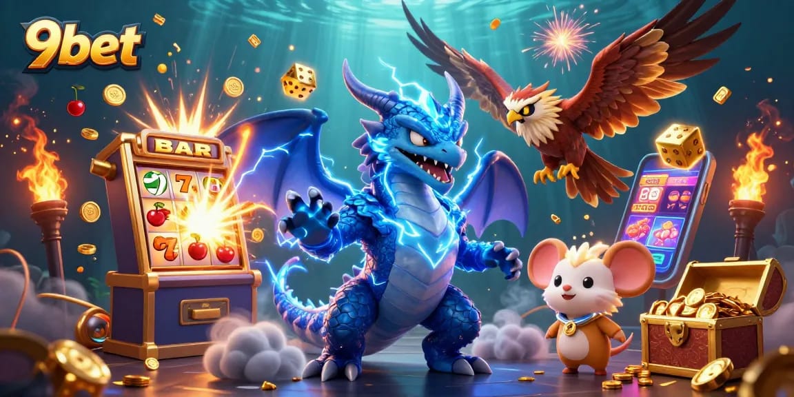 Experience electrifying thrills with 9bet, featuring dynamic casino elements and animated characters.