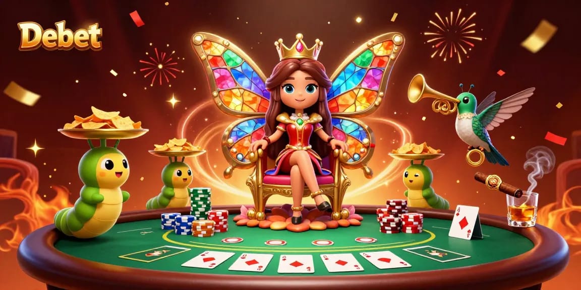 Experience the excitement of Debet casino with vibrant characters and poker action.