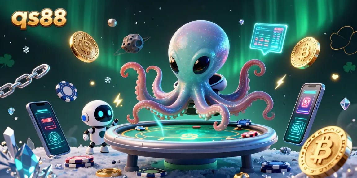 Join the excitement at qs88 and explore a vibrant alien casino scene with poker chips and crypto