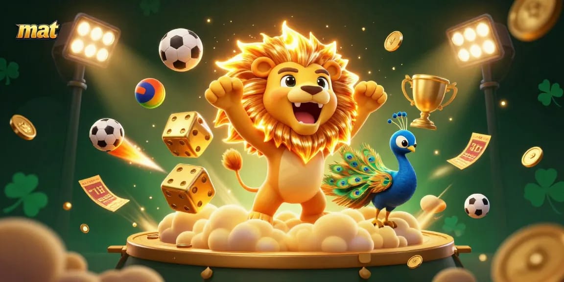 Bet on mat with a dynamic illustration of a roaring lion and flying sports elements.
