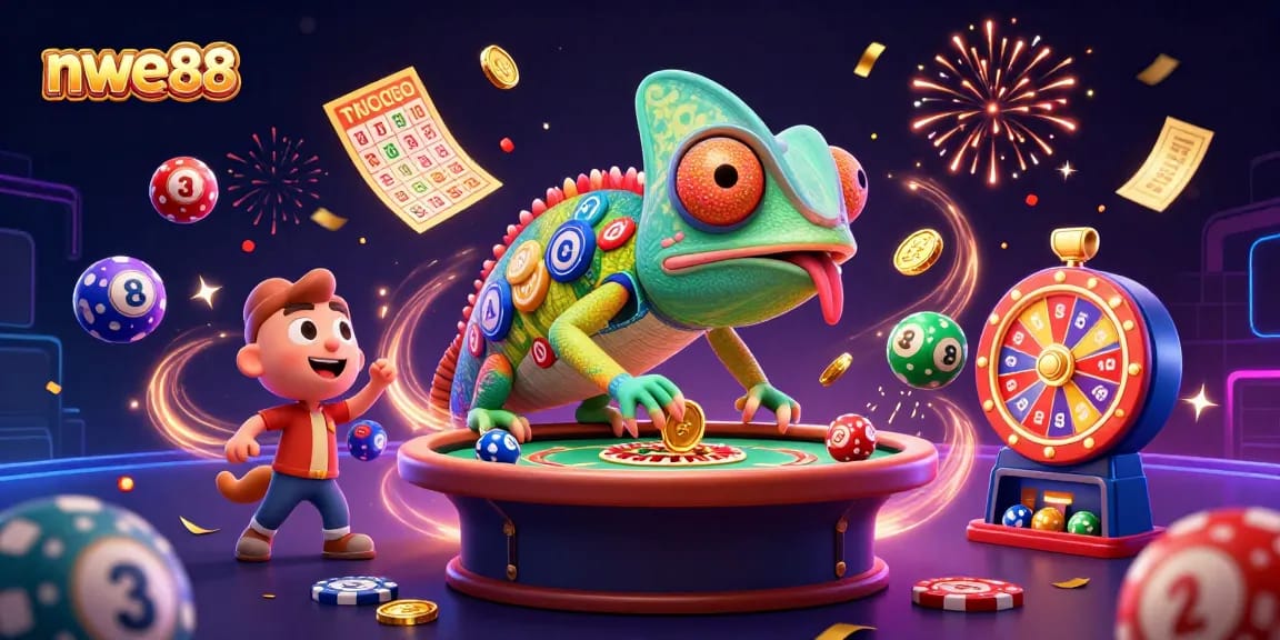 Join the fun at nwe88, where a vibrant chameleon casino owner captures golden coins amidst colorful gaming elements.