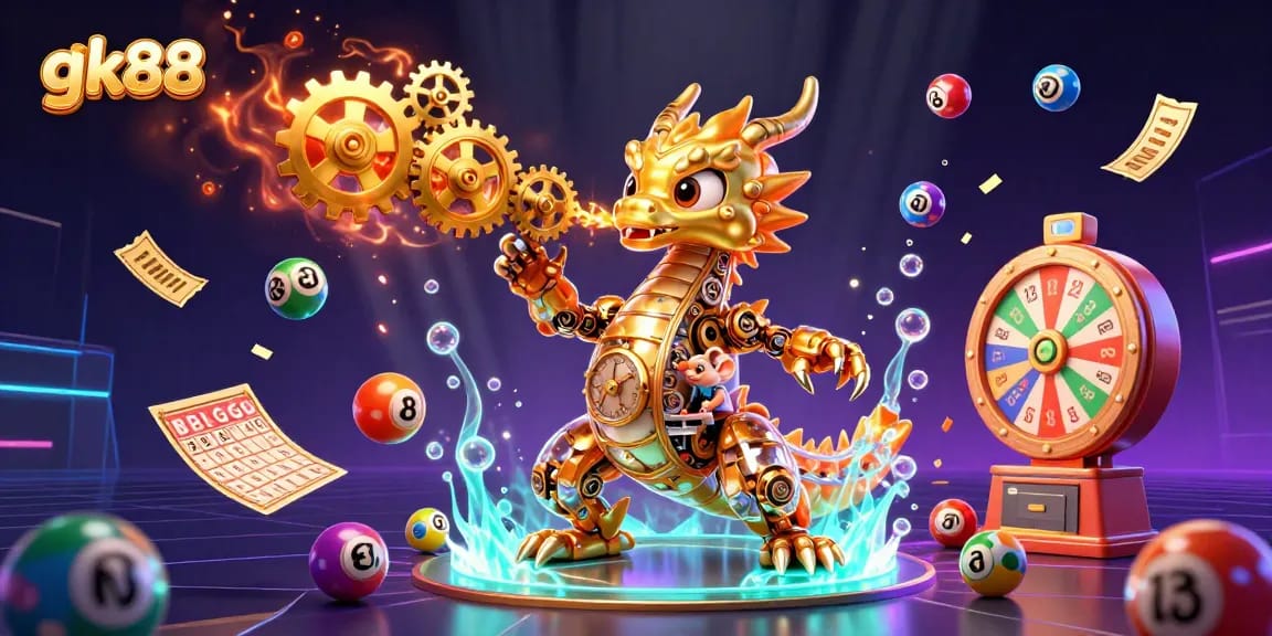 Experience thrilling moments at gk88 with a vibrant 3D illustration of a golden dragon amidst dynamic gambling elements.