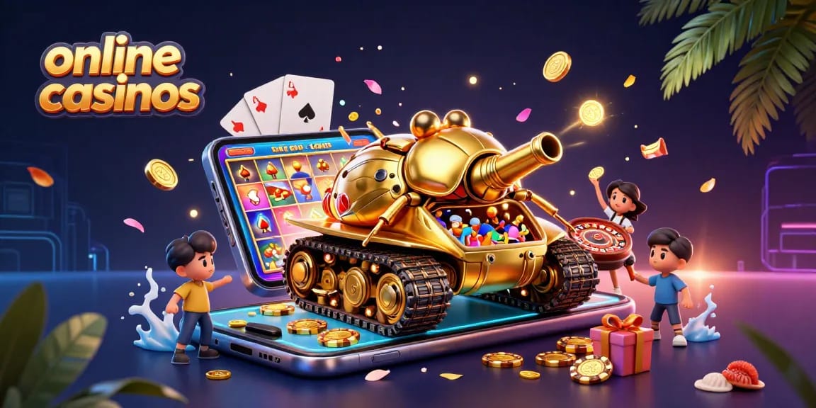 Engaging scene depicting online casinos with a golden beetle tank and slot game excitement.