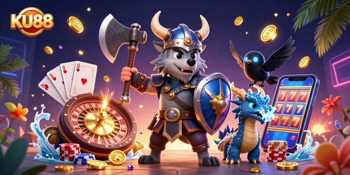 Engage with KU88’s thrilling 3D scene featuring a Viking warrior, dragon, and poker action!