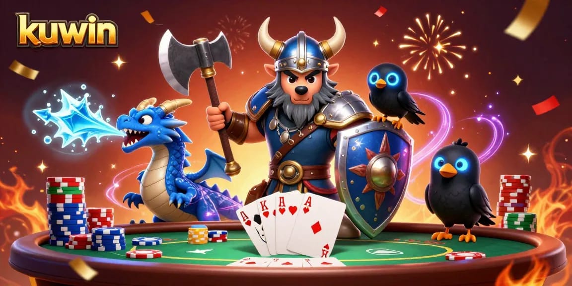Engage in exciting casino action with kuwin as vibrant characters celebrate with poker elements and rich colors.