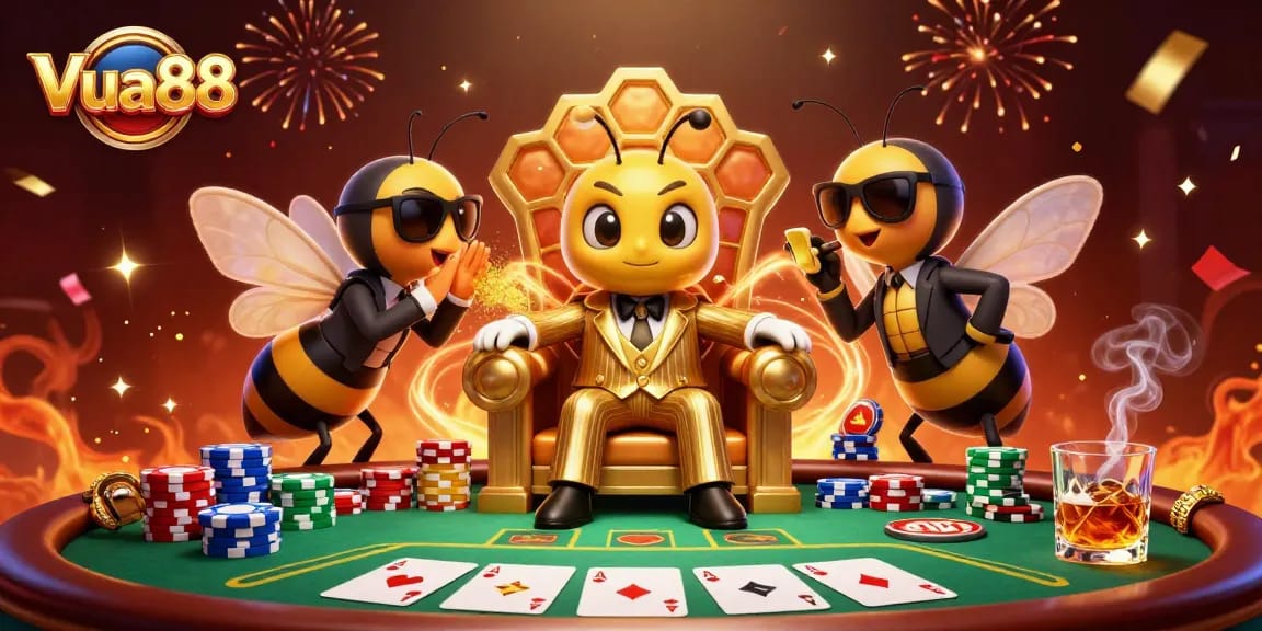 Experience the thrill with Vua88's vibrant gaming scene featuring poker elements and animated characters.