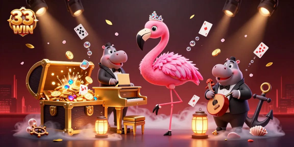 Experience the excitement of 33 WIN with dynamic characters in a vibrant casino setting.