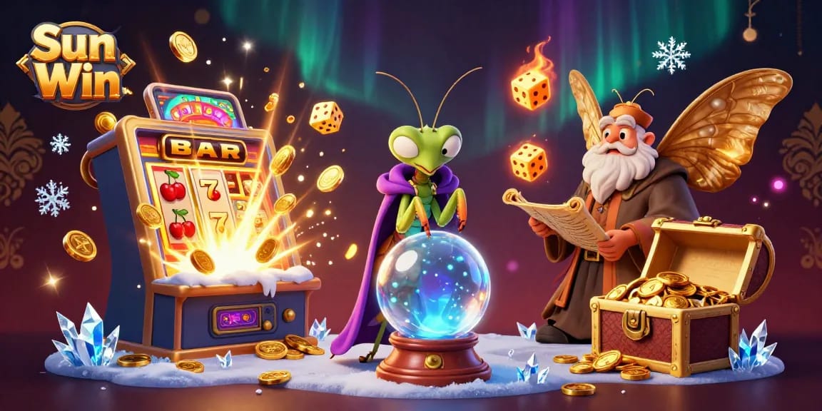 Experience thrilling wins at Sun Win with an exciting visual of gaming spirits and casino treasures.