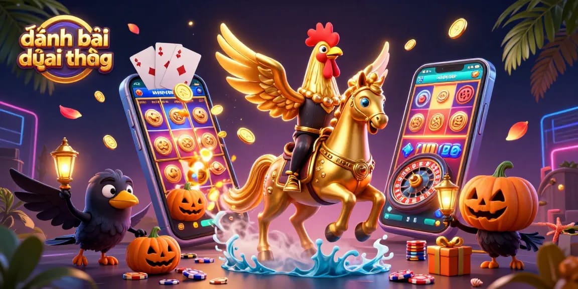 Engage in đánh bài đổi thưởng with golden rooster riding a spectral horse amidst vibrant casino action.