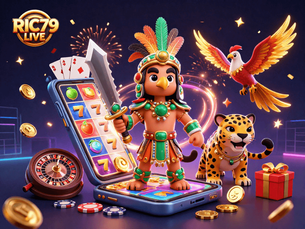 Experience the thrill of RIC79 LIVE with an exhilarating casino scene featuring Aztec warriors and vibrant game elements.