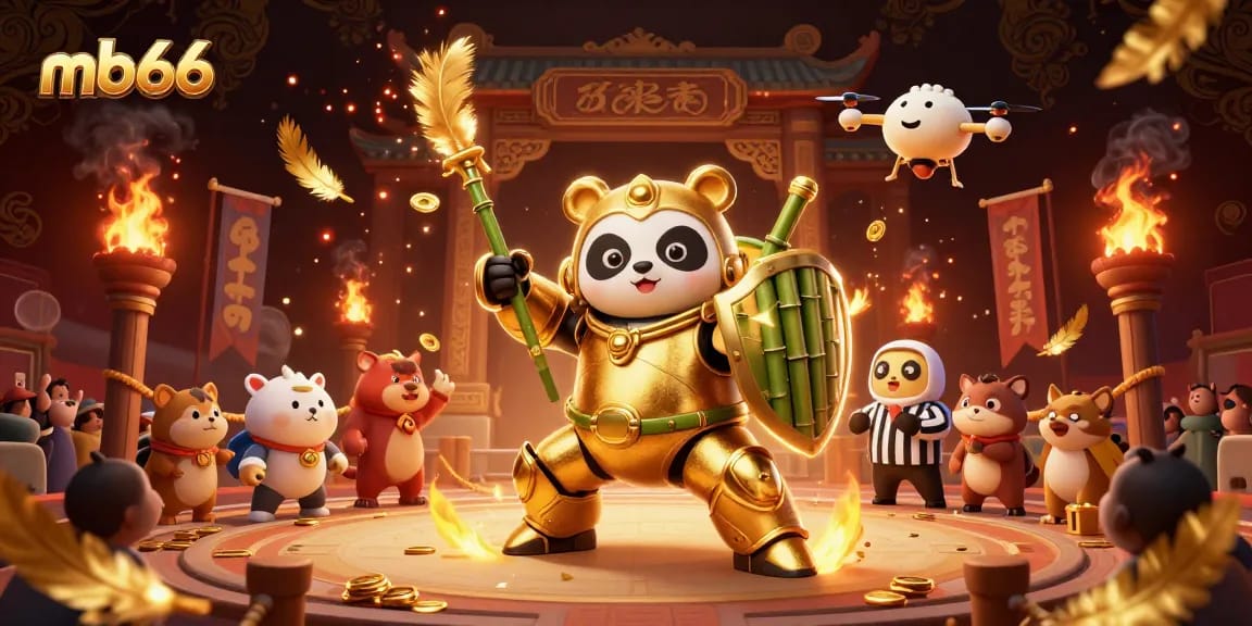 Engage in thrilling casino action with mb66 featuring a panda piloting a bamboo robot amidst cheering spectators.