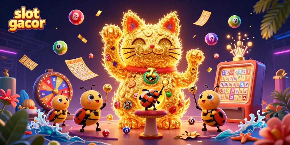 Experience the thrill of slot gacor with a dynamic scene featuring vibrant lottery elements and a lucky cat.