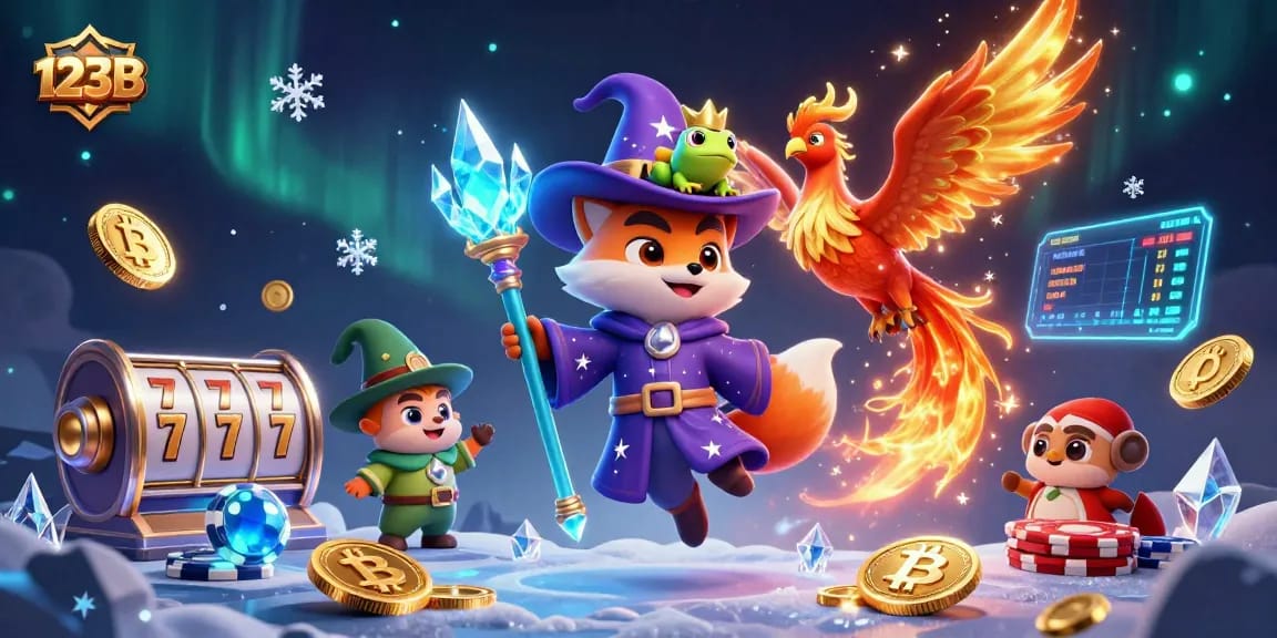 Engage with 123B's vibrant illustration showing a wizard fox, phoenix, and dynamic casino elements for immersive gaming.