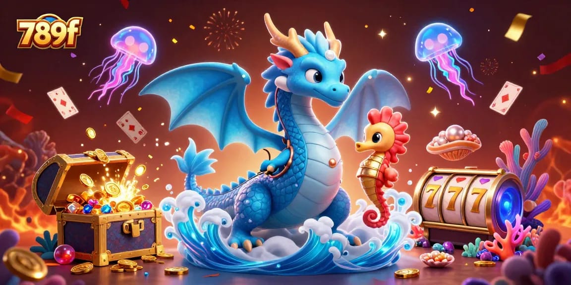 Engage with thrilling games at 789f, featuring a colorful underwater scene filled with dragons, treasures, and slots.