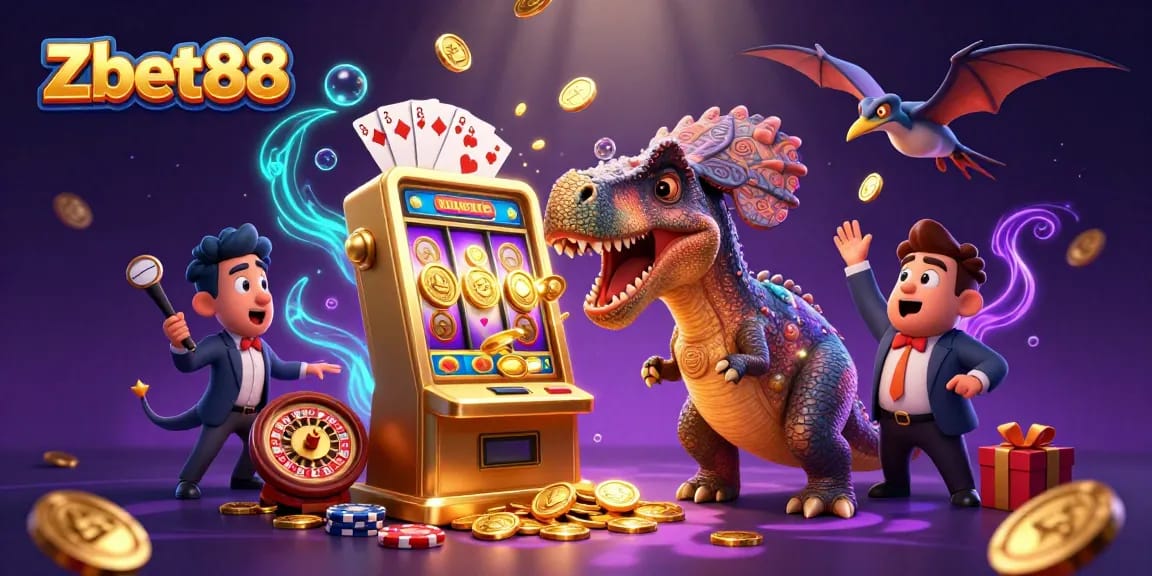 Experience the action at Zbet88 where a pachycephalosaurus hits the slot machine jackpot amid flying coins.