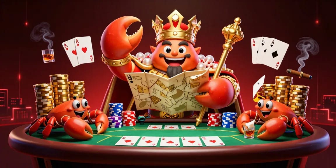 Engage with nhà cái uy tín through a vibrant poker illustration featuring a golden crab emperor and surrounded by chips.