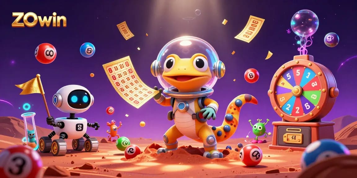 Engage with the thrilling casino adventure at zo win, featuring colorful lottery elements and excited characters.