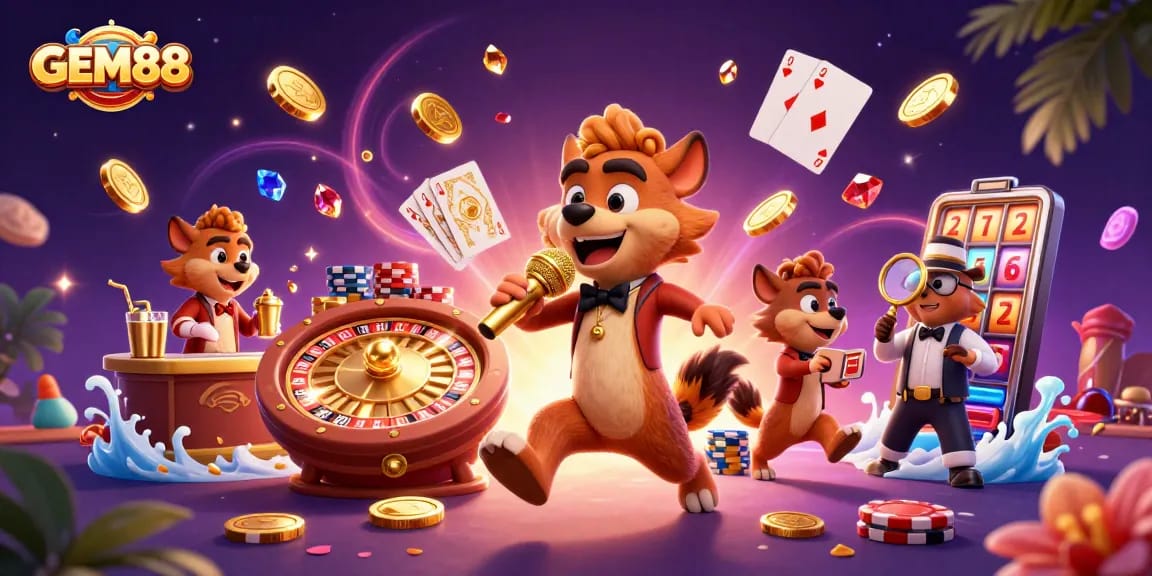 GEM88 casino hyenas entertain with comedy, golden coins, and lively gaming action.