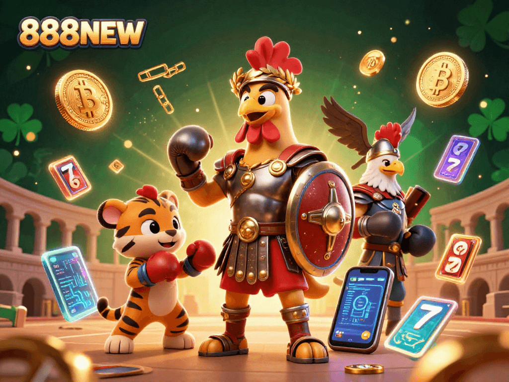 Engage in thrilling casino action with 888NEW as a gladiator rooster battles for jackpots in a vibrant scene.