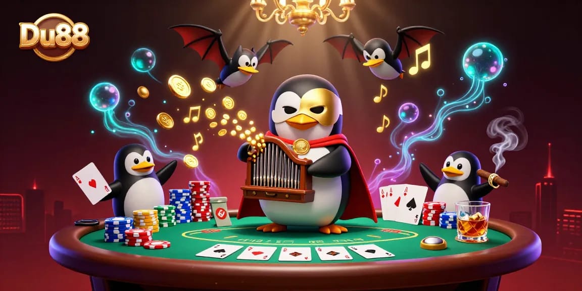 Engage with Du88's vibrant casino scene featuring cryptic characters, poker elements, and an energetic atmosphere.