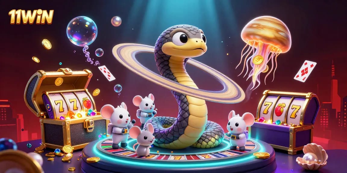 Engage in thrilling bets with 11WIN in a vibrant cosmic casino scene filled with lucky symbols and treasure.