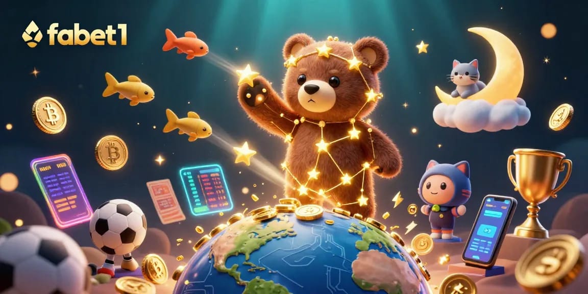 Unleash your winning potential with fabet1 as a constellation bear gathers coins in a vibrant sports betting scene.