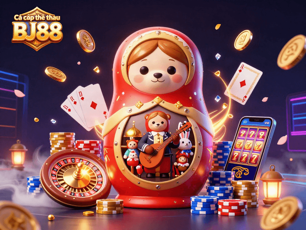 Cá cược thể thao BJ88 illustrated with engaging casino elements featuring vibrant characters and dynamic game items.