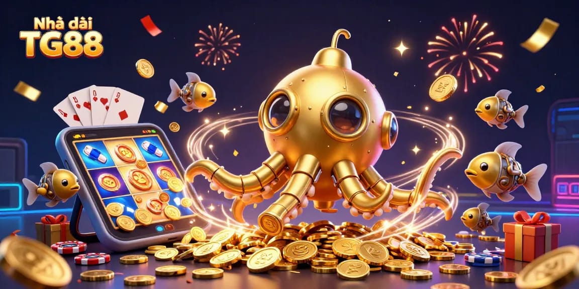 Experience thrilling gaming at Nhà cái TG88 with vibrant casino elements and golden treasures.