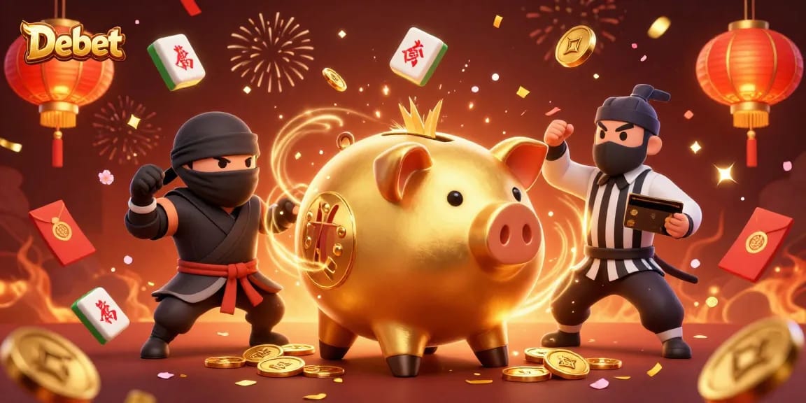 Experience exciting gaming moments with Debet's vibrant 3D casino illustration featuring dynamic characters.