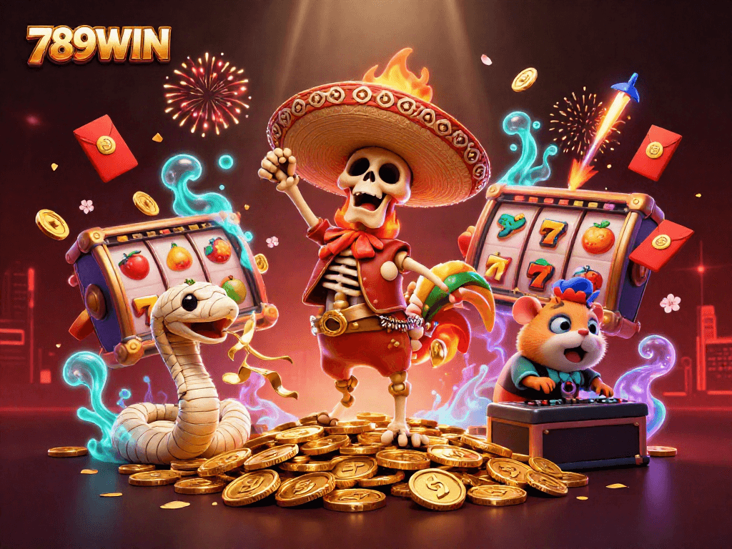 Play exciting slot games and win big with 789WIN, featuring vibrant 3D characters and festive elements.