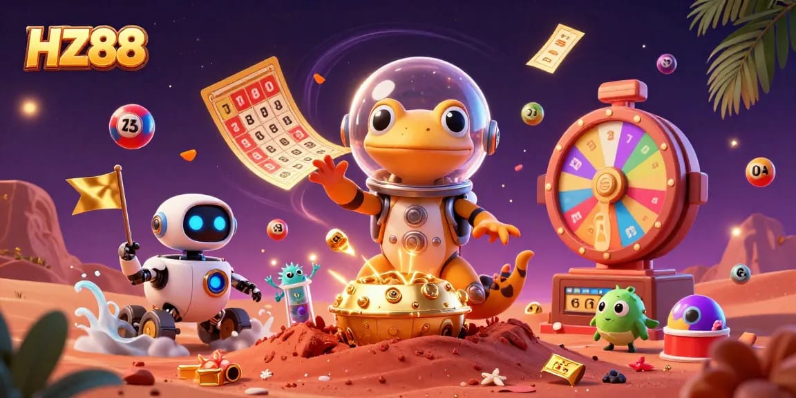 Experience thrilling gameplay with HZ88 in a colorful casino scene featuring dynamic lottery elements.